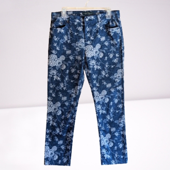 Lauren Ralph Lauren Jeans Rose Floral Print Denim Blue Straight Ankle St… - Picture 1 of 17